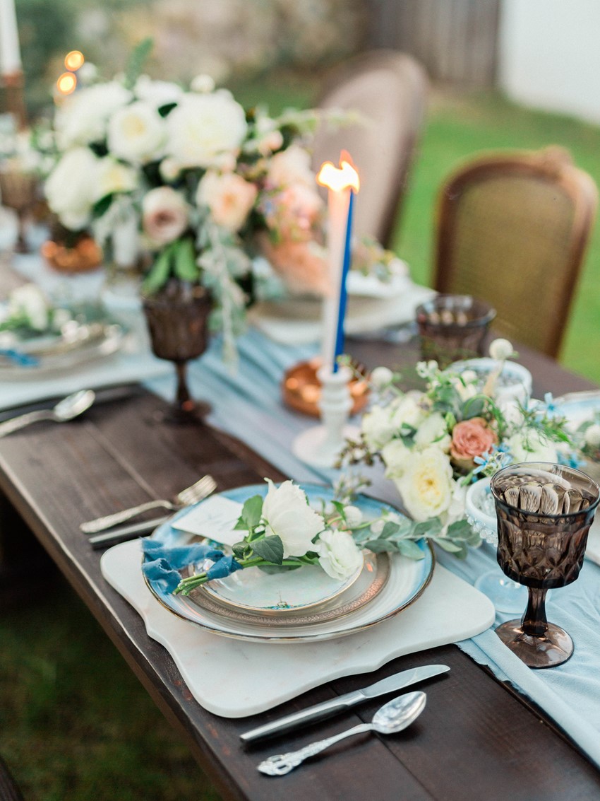 Blue & Peach Floral Wedding Tablescape