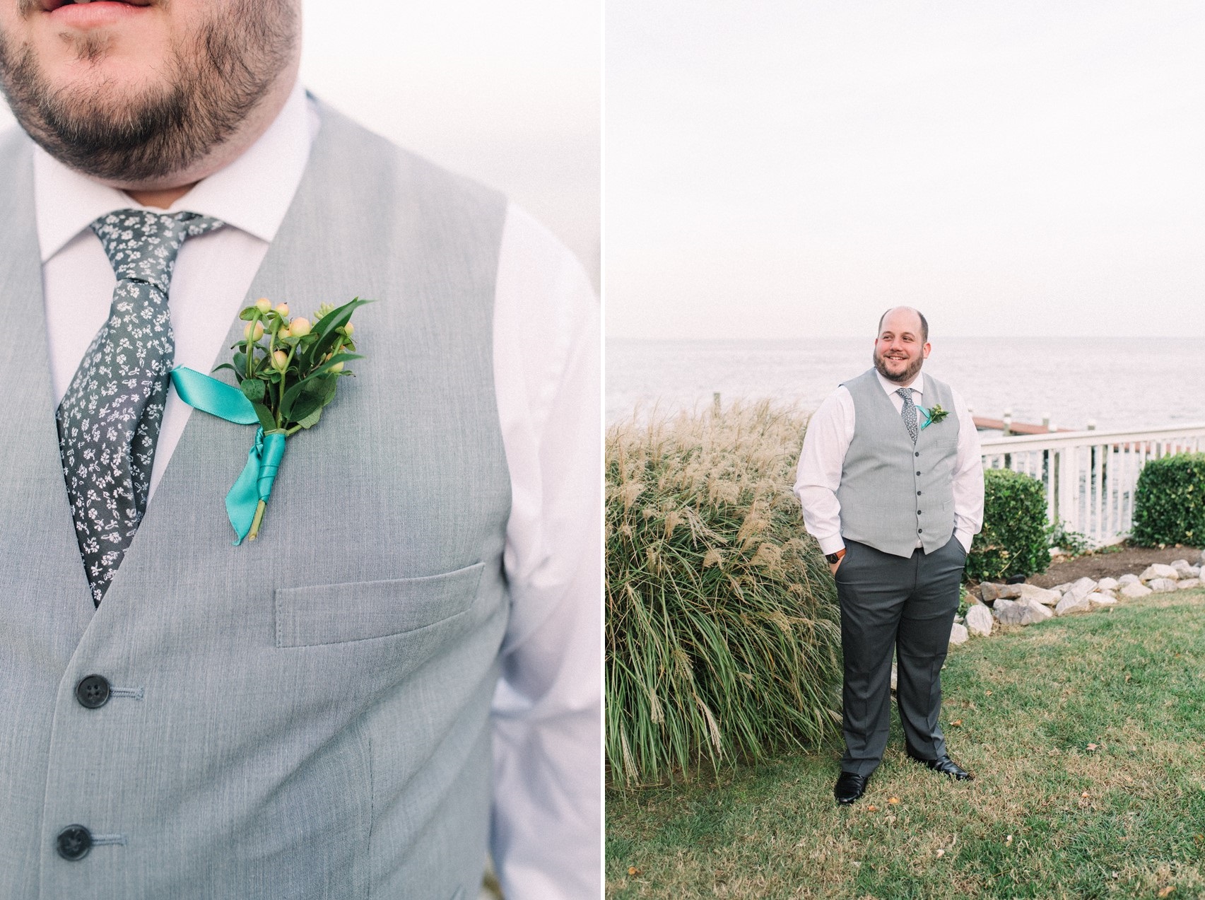 Groom in a Vest with Teal Boutonniere