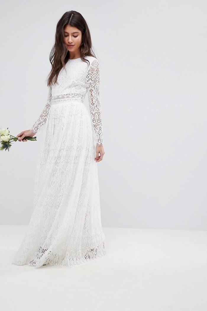 Lace Long Sleeve Crop Top Maxi Wedding Dress Chic