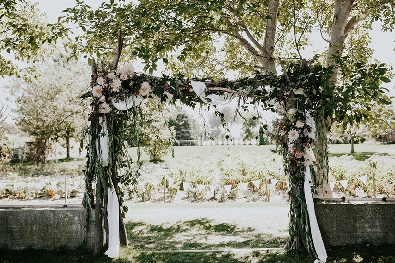 Canada Fall Backyard Wedding Ceremony Floral Arch