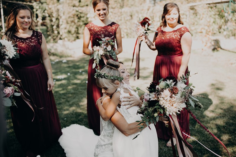 Canada Fall Backyard Wedding Bride & Flower Girl