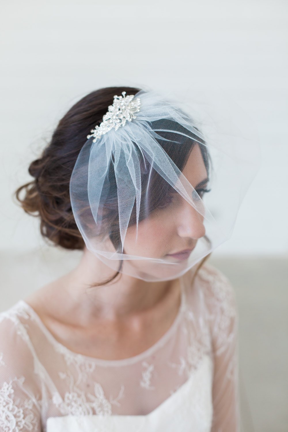 Bridal Birdcage Veil with Silk Flower Crown - Genevieve Rose Atelier Large (Over 23 inch headsize)