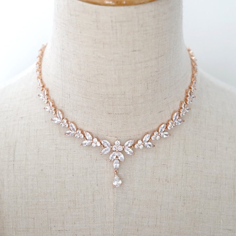 Glitz & Love Statement Princess Rose Gold Necklace | Bridal Brides Wedding Jewelry with Backdrop / with Earrings / with Bracelet