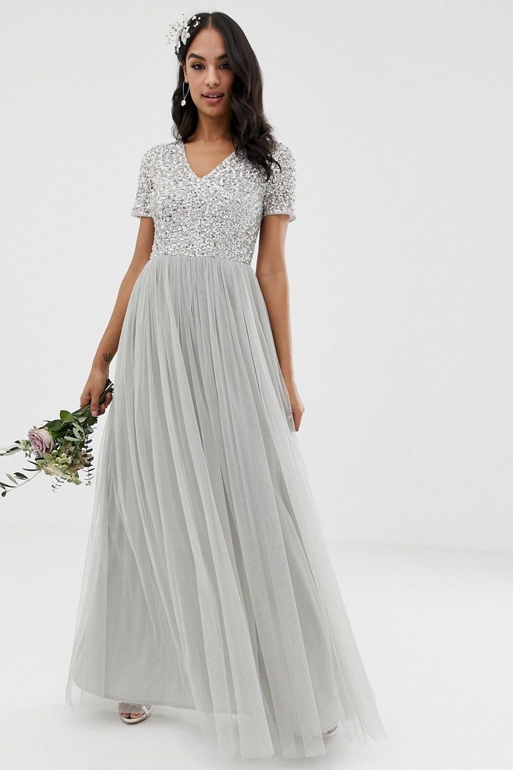 V-Neck Sequin & Tulle Maxi Bridesmaid Dress - Chic Vintage Brides